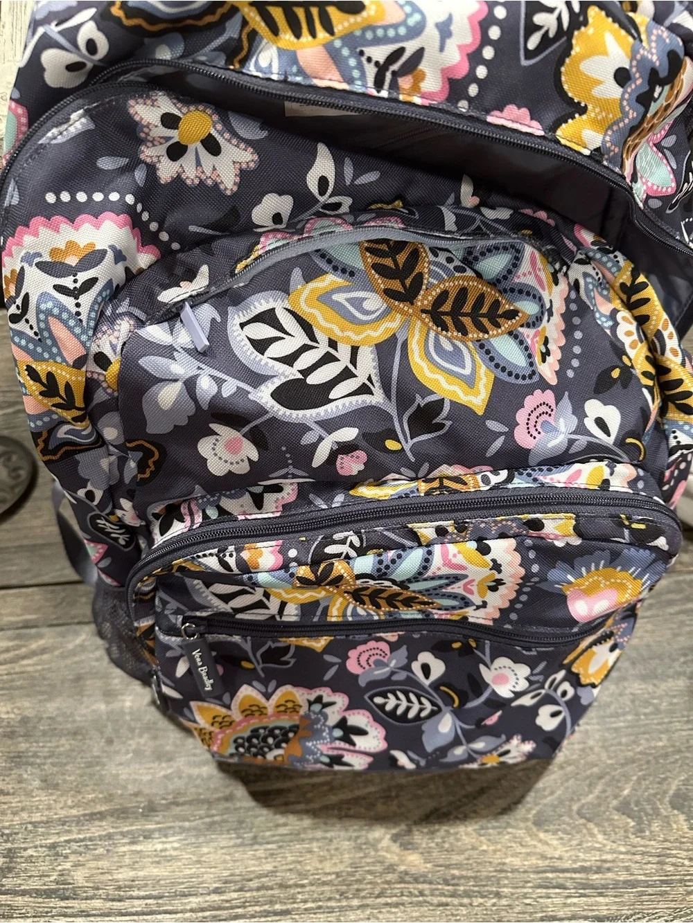 Vera Bradley Large Navy Floral Backpack with Pink, Yellow and Gray Accents